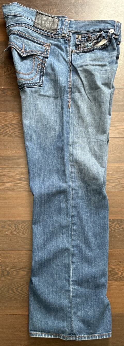 Vtg True Religion Big T Jeans 42x35 Faded Light Blue Flap Pocket Bootcut USA